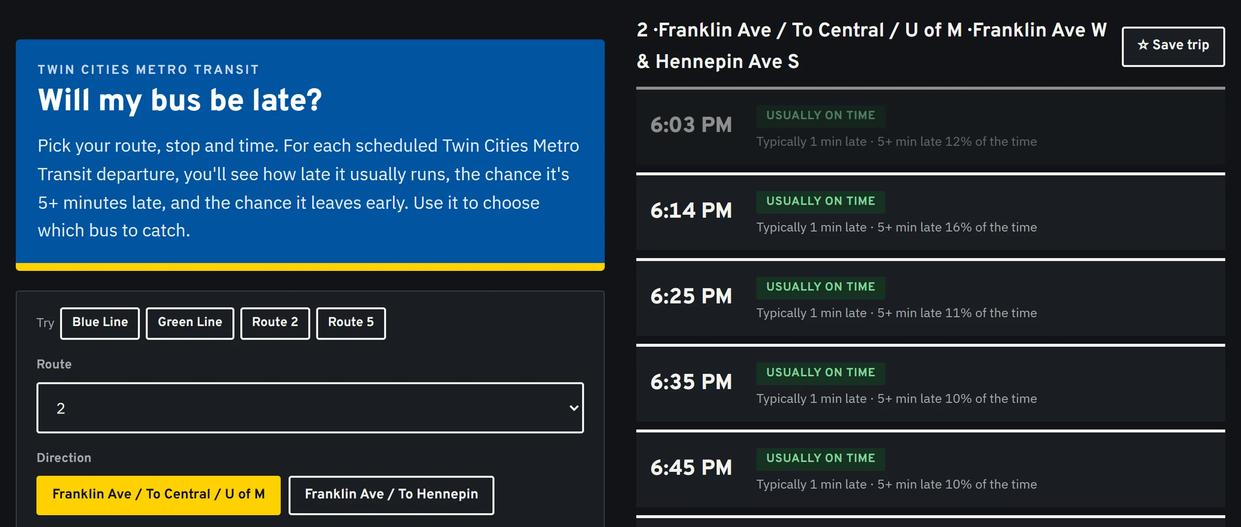 Will my bus be late? Route 2 toward Central / U of M from Franklin Ave and Hennepin, listing each upcoming departure with its usual delay and chance of running 5+ minutes late