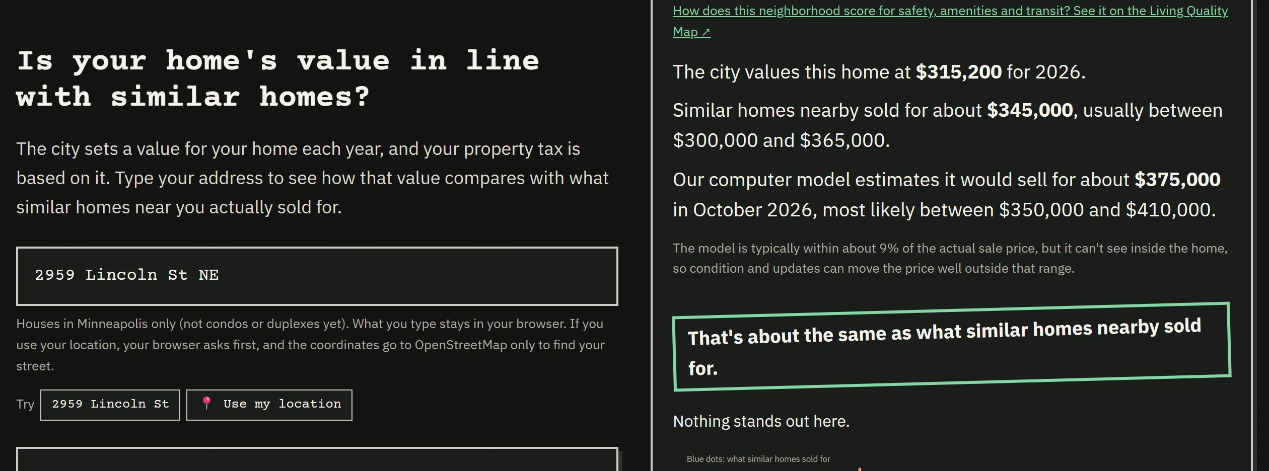 Minneapolis Home Assessment Check for 2959 Lincoln St NE: the city value next to what similar homes sold for and the model estimate with a range, and a stamped verdict comparing the two